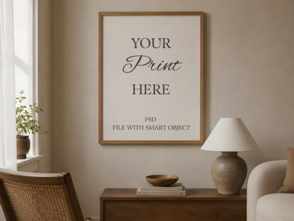 Download Vertical Wood Frame Mockup Japandi Room - Frame mockup Collection