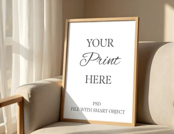 Download Cozy Wood Frame Mockup on Armchair - Frame mockup Collection